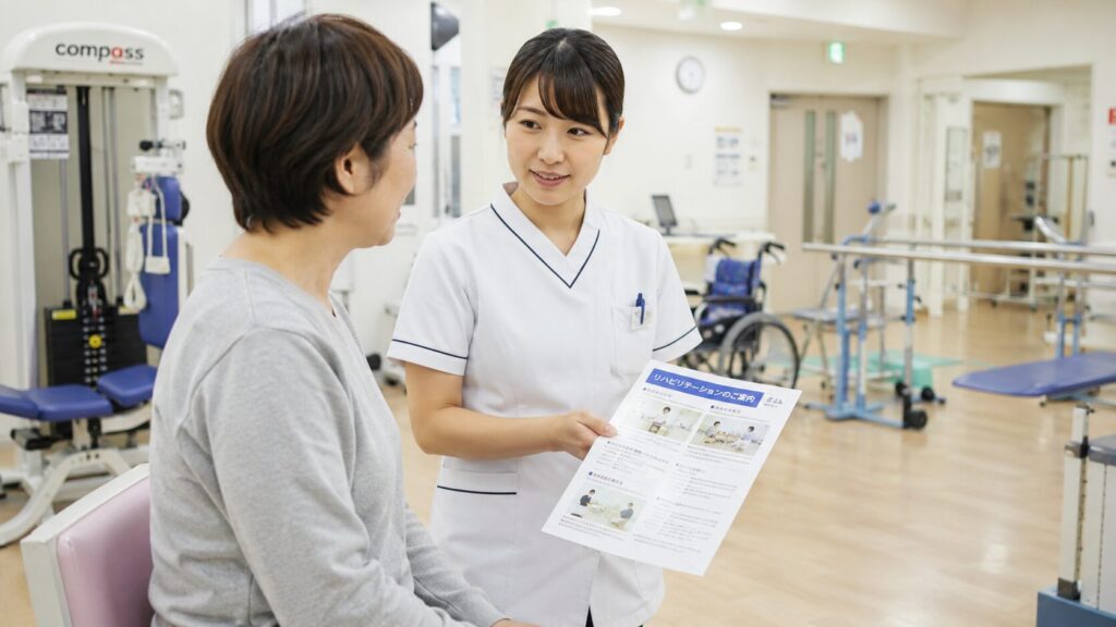 整形外科のリハビリ室でスタッフが患者にPRP再生医療の情報を案内する場面