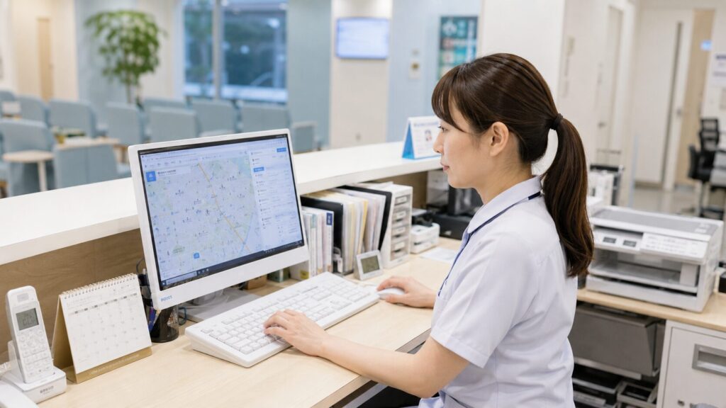 整形外科クリニックのスタッフがGoogleビジネスプロフィールを更新している場面
