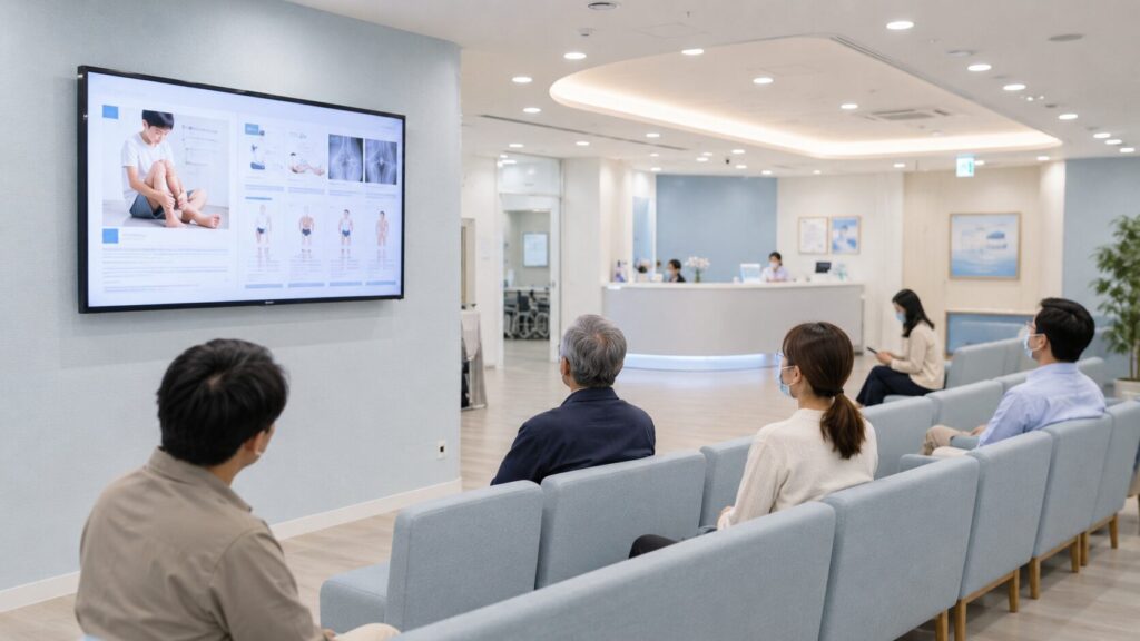 整形外科の待合室に設置されたデジタルサイネージで治療情報を受け取る患者