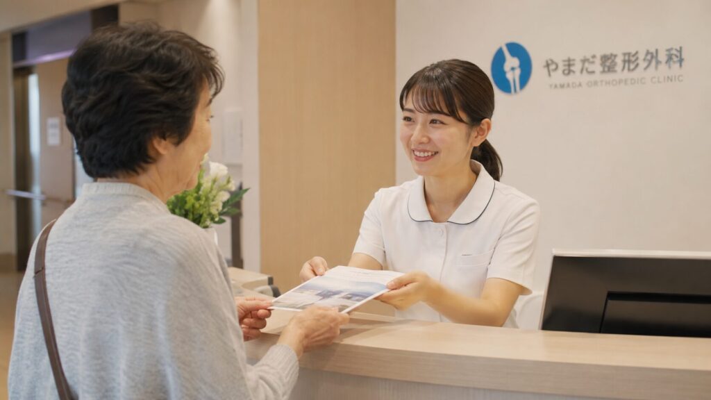 整形外科クリニックの受付で患者にパンフレットを手渡す受付スタッフ