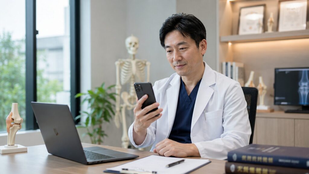 整形外科の院長がSNS向けに専門情報を発信するためにスマートフォンを確認する場面
