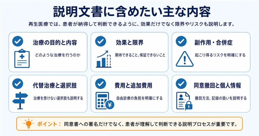再生医療の説明文書に含めたい主な内容