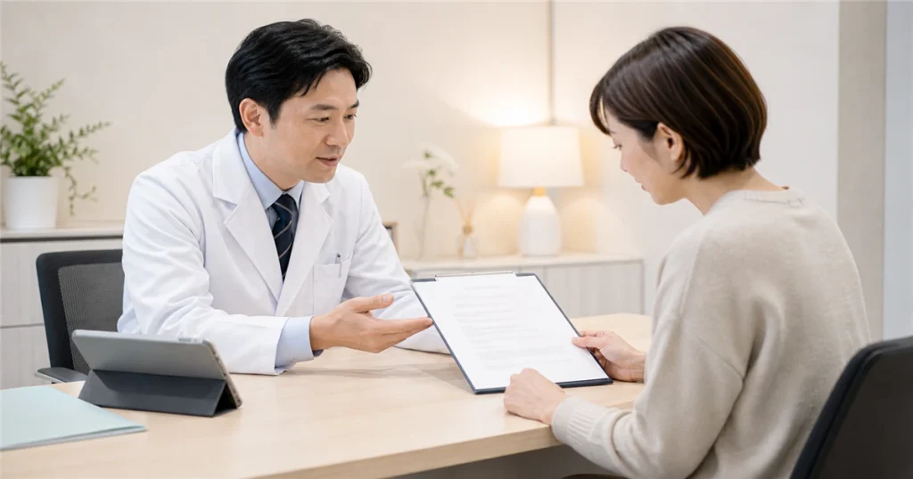 再生医療におけるインフォームドコンセントの説明を行う医師と患者