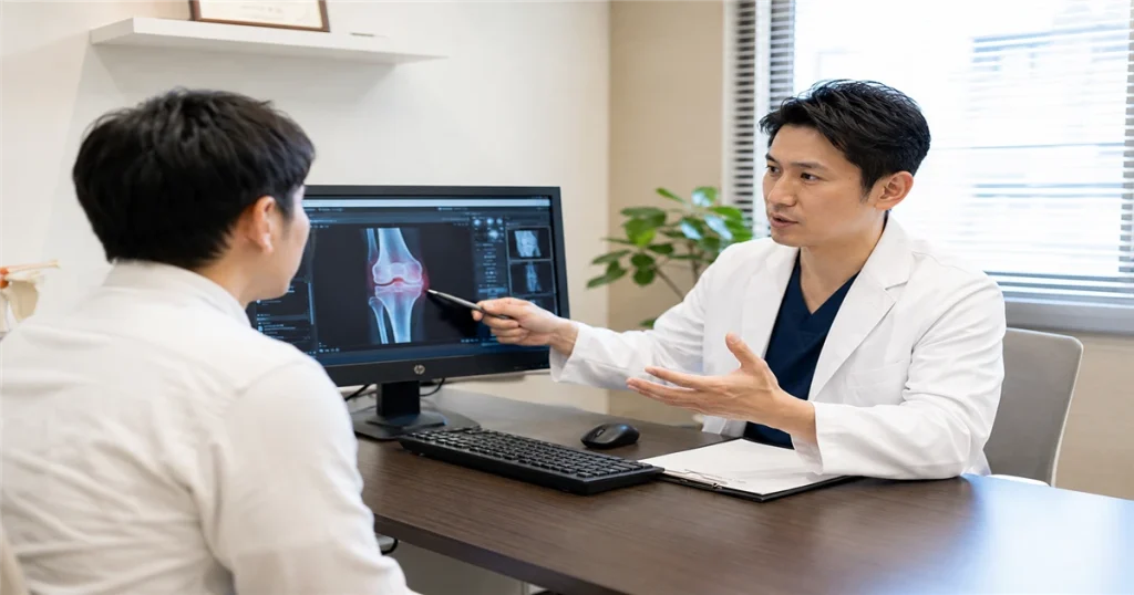医師が患者に膝の画像を示しながら再生医療の治療選択肢を説明している様子