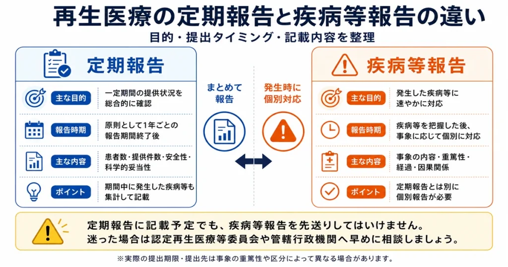 再生医療の定期報告と疾病等報告の目的・報告時期・記載内容の違い