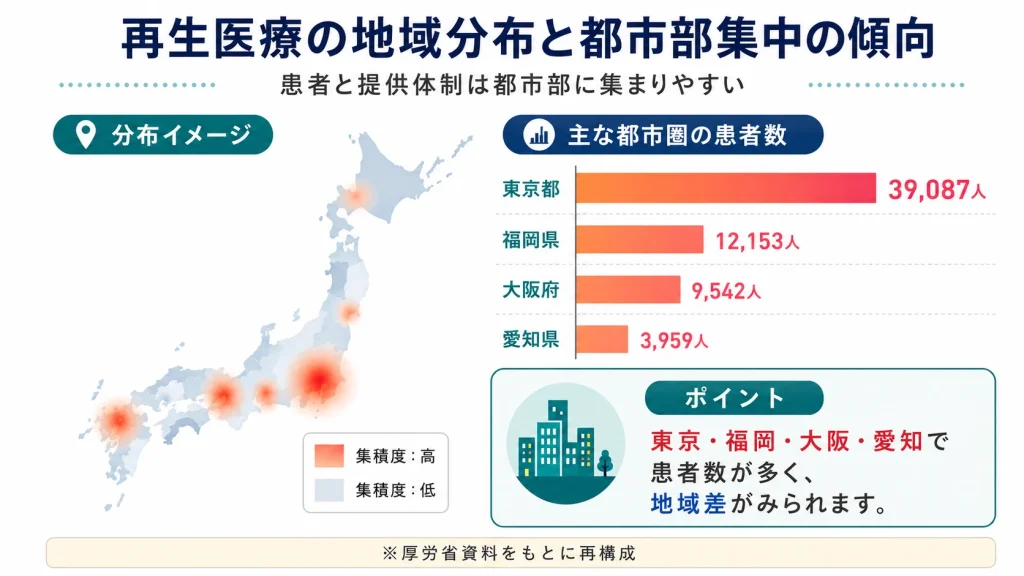 東京都・福岡県・大阪府・愛知県を中心とする再生医療の地域分布と患者数