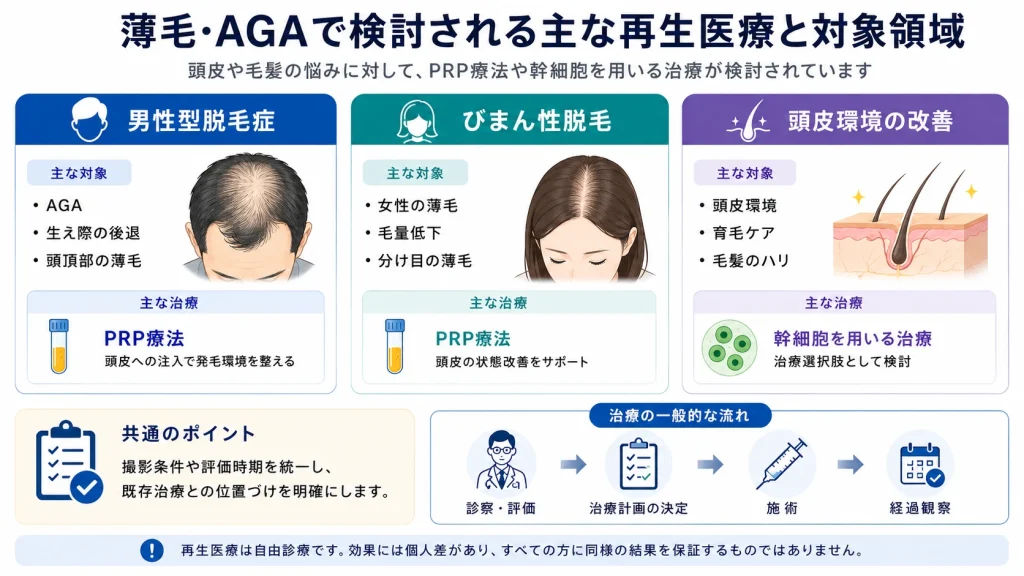 薄毛・AGAで検討される主な再生医療と対象領域