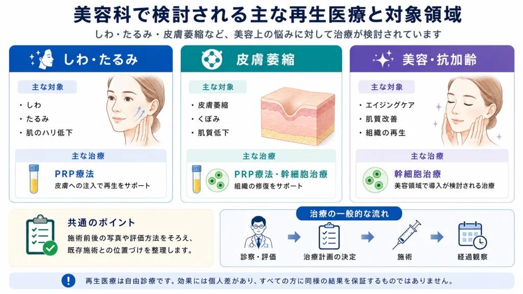 美容科で検討される主な再生医療と対象領域