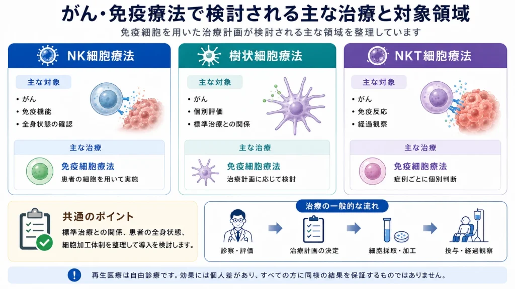 がん・免疫療法で検討される主な再生医療と対象領域