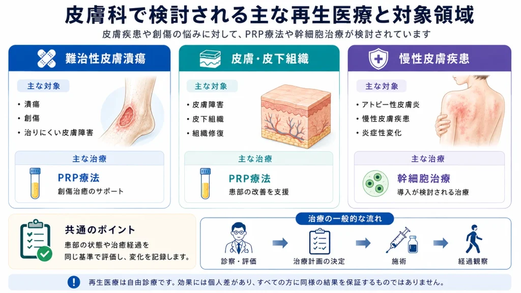 皮膚科で検討される主な再生医療と対象領域