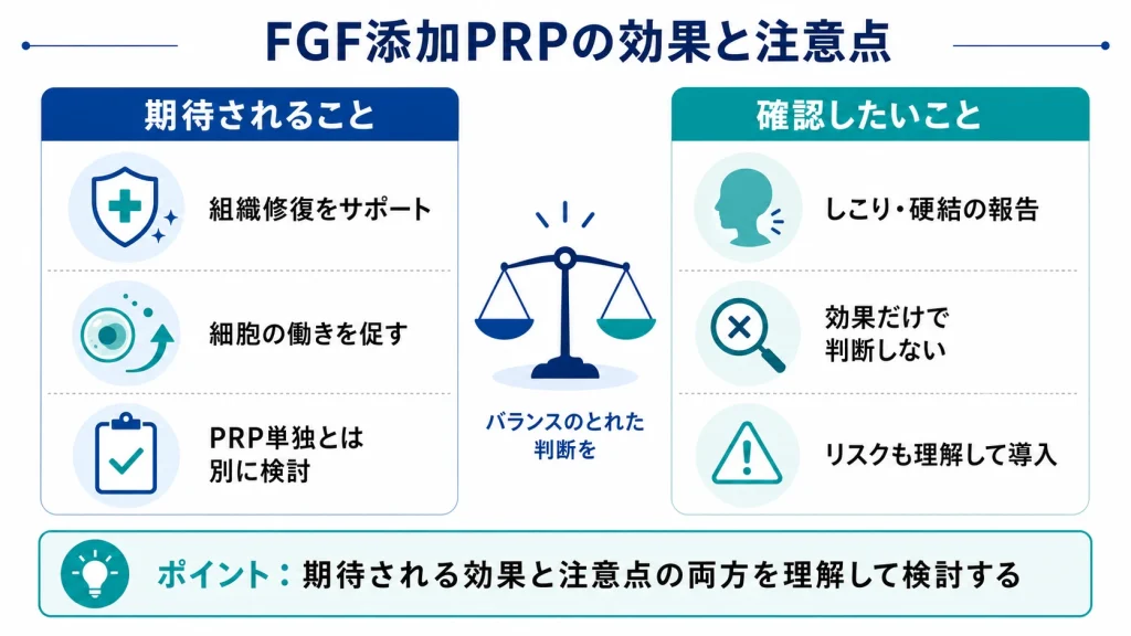 FGF添加PRPで期待される効果と導入時に確認したい注意点を整理した図