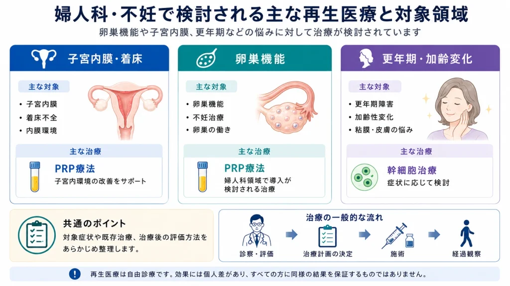 婦人科・不妊で検討される主な再生医療と対象領域