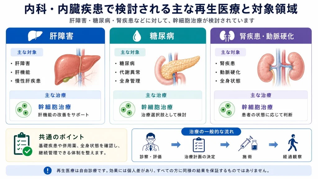 内科・内臓疾患で検討される主な再生医療と対象領域