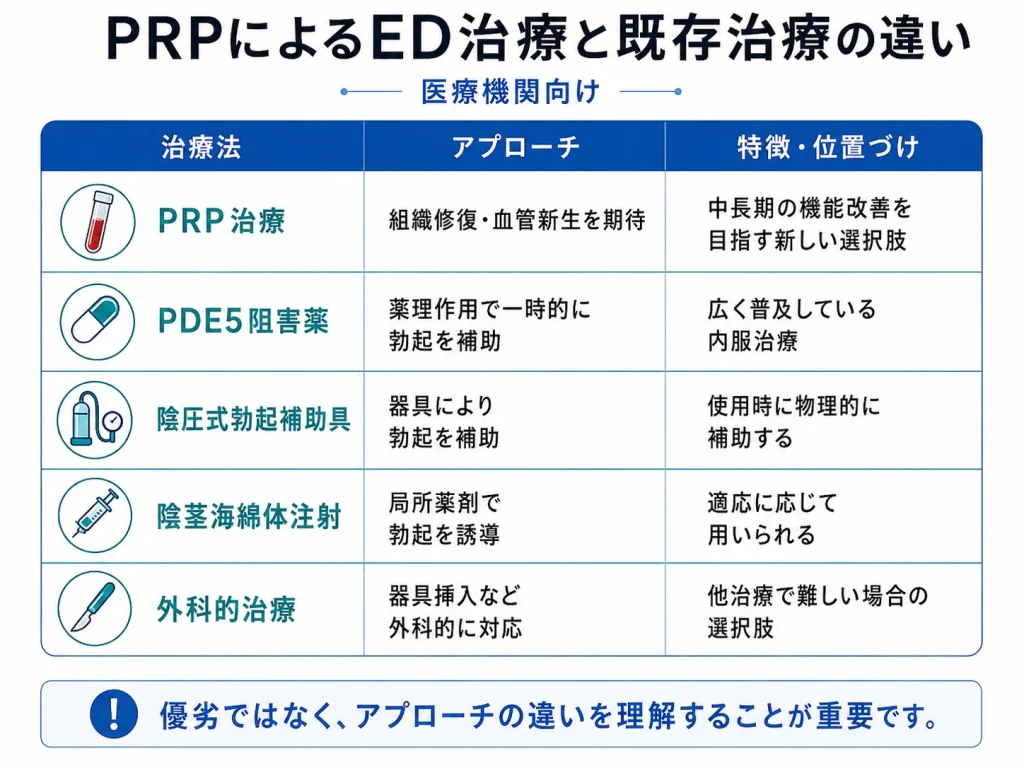 PRPによるED治療と既存のED治療の違いを比較した図解