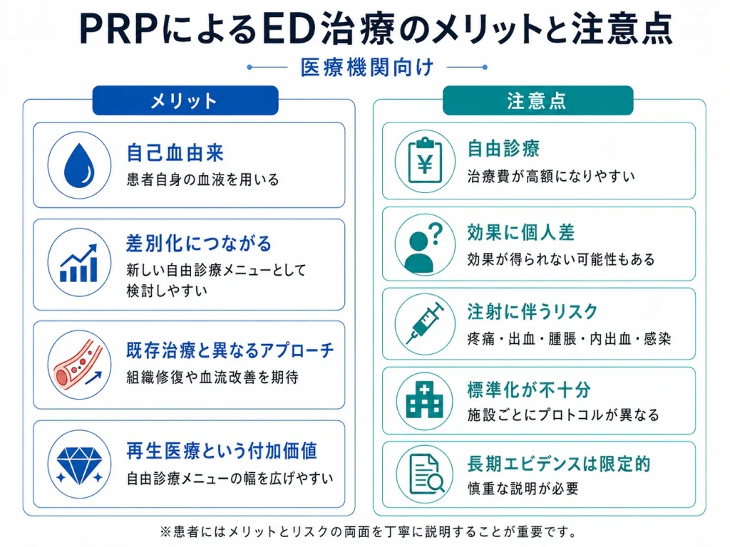 PRPによるED治療のメリットと注意点を整理した図解