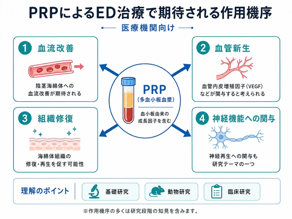 PRPによるED治療で期待される作用機序を示した図解