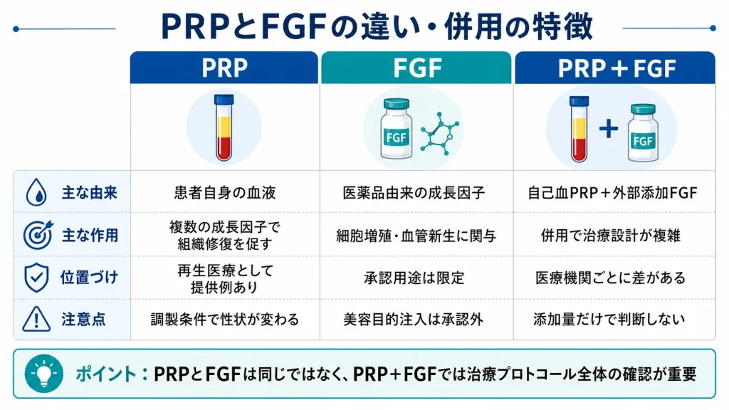 PRPとFGF、PRP+FGFの由来・作用・位置づけ・注意点の違いを比較した図