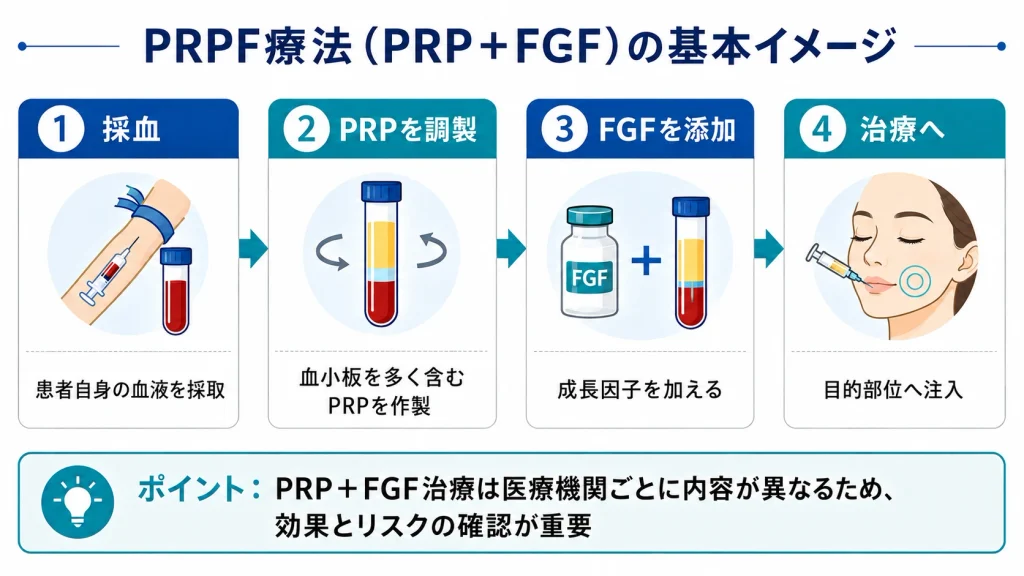 PRPF療法(PRP+FGF)の採血から治療までの基本イメージ