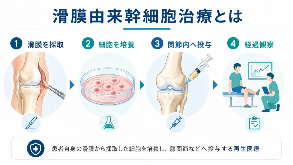滑膜由来幹細胞治療の滑膜採取・細胞培養・関節内投与・経過観察の流れ