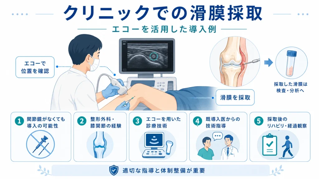 エコーガイド下で膝の位置を確認しながら滑膜を採取するクリニックでの導入例
