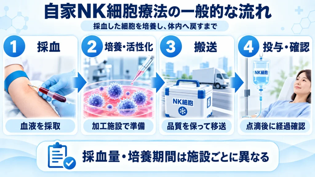 自家NK細胞療法の流れについて、採血・培養活性化・搬送・投与確認までを示した図解