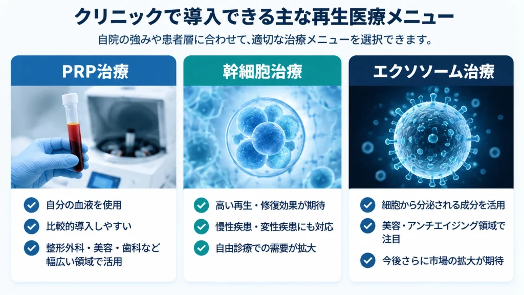 クリニックで導入できるPRP治療・幹細胞治療・エクソソーム治療の主な再生医療メニュー