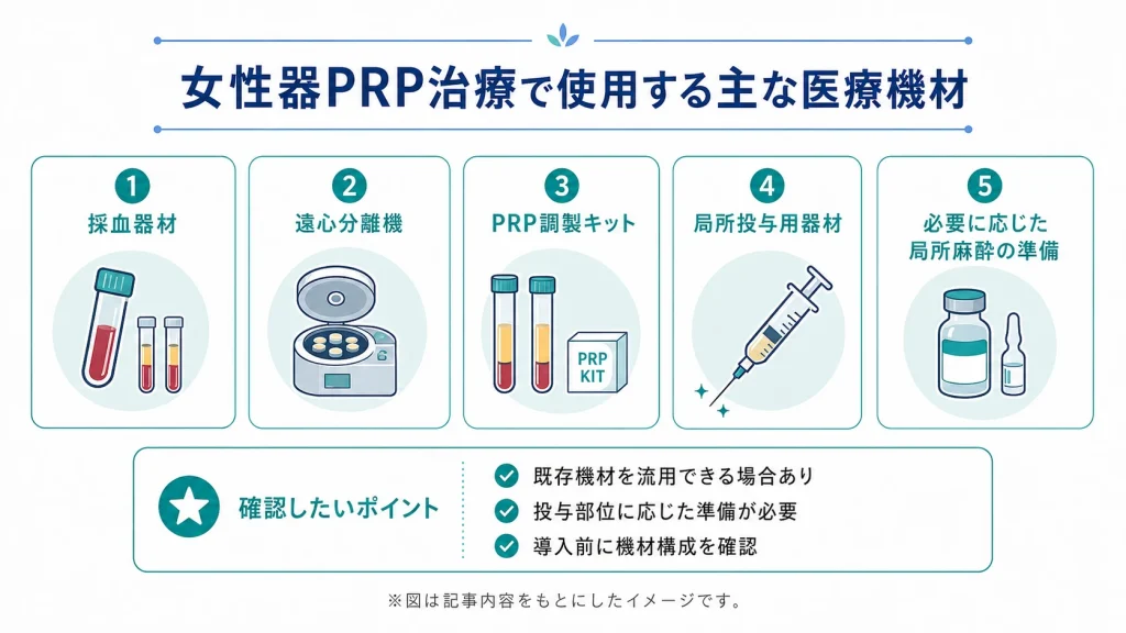 女性器PRP治療で使用する遠心分離機やPRP調製キットなどの医療機材