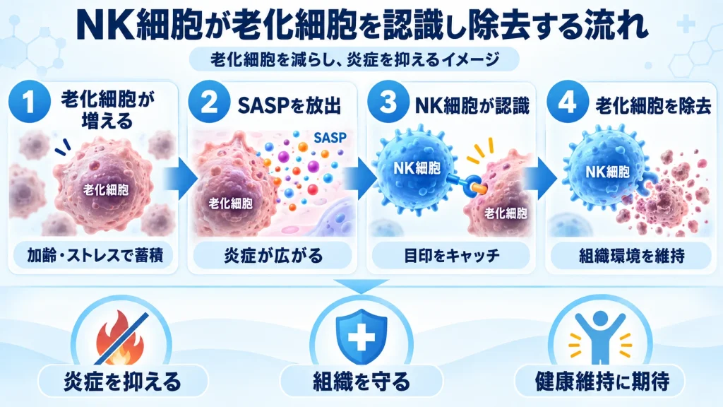 NK細胞が老化細胞を認識し、SASPによる炎症を抑えながら除去する流れを示した図解