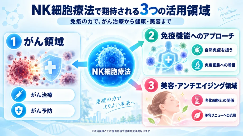 NK細胞療法で期待される3つの活用領域として、がん領域・免疫機能へのアプローチ・美容アンチエイジング領域を示した図解