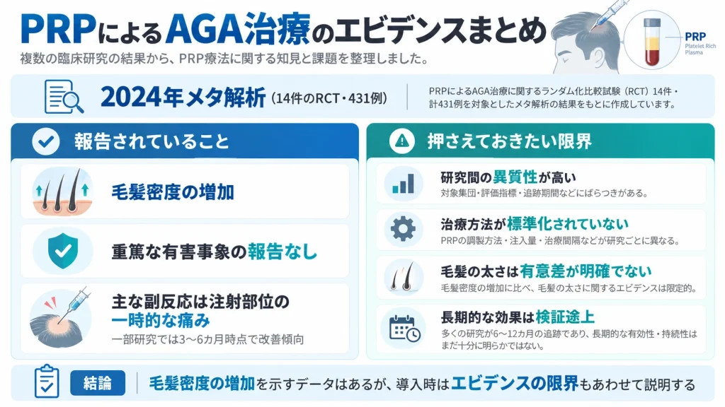 PRPによるAGA治療の臨床エビデンスと研究上の限界をまとめた図解