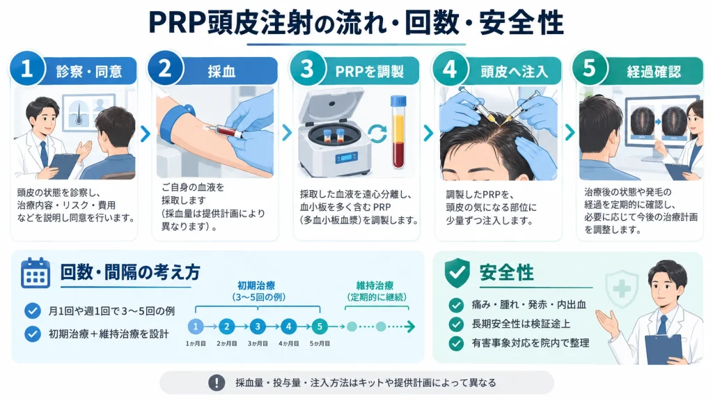 PRP頭皮注射の診察・採血・調製・注入・経過確認の流れと安全性