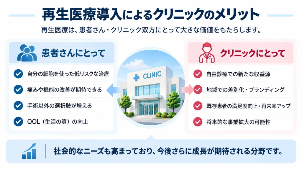 再生医療導入による患者さんとクリニック双方のメリットを整理した図解