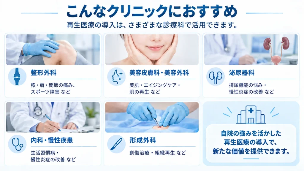 整形外科・美容皮膚科・美容外科・歯科・内科・形成外科など再生医療導入を検討できる診療科
